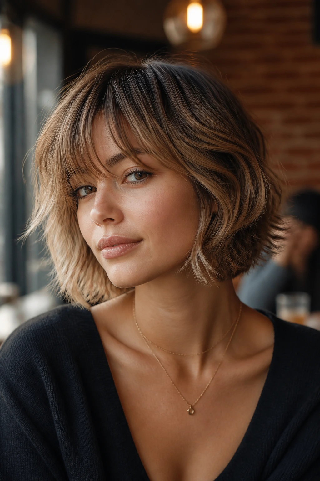 Close-up of a real person with bixie-bob hybrid and longer fringe in a cafe setting