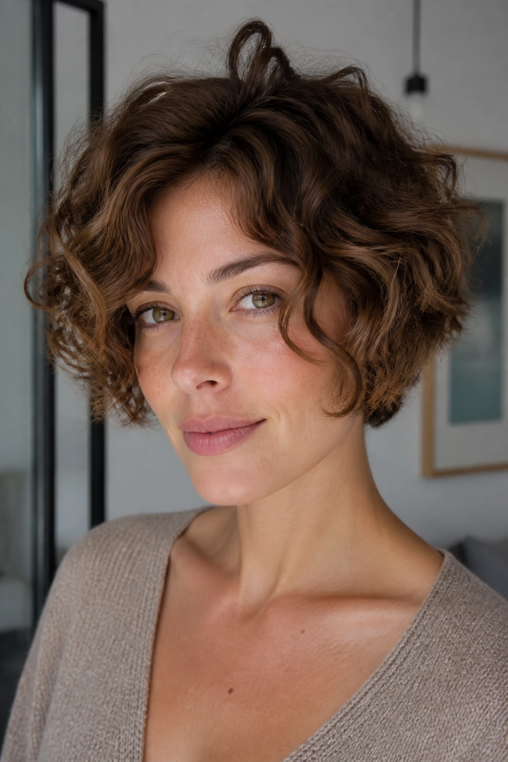 Portrait of woman with bixie-bob hybrid and loose curls.