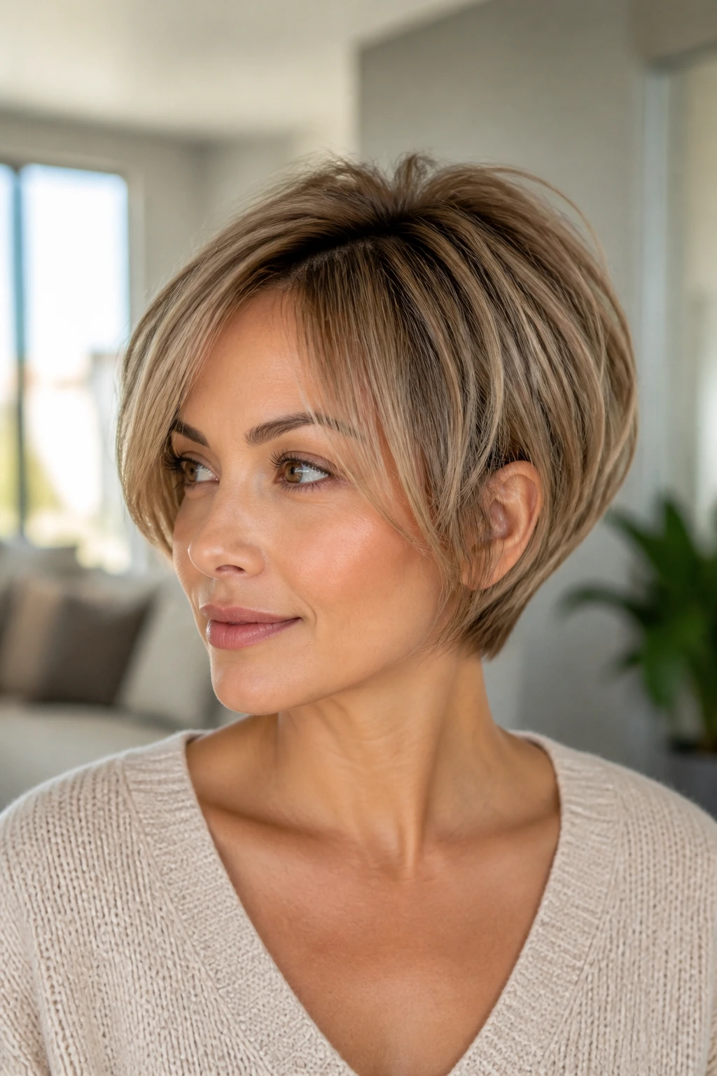 Portrait of a woman with a bixie-inspired bob and crown lift in bright living room light