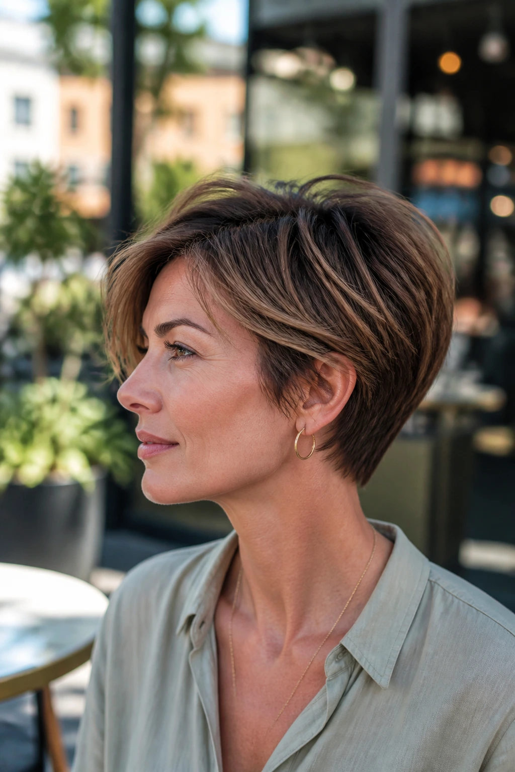 Close-up portrait of a real woman with a bixie-bob showing cropped nape and lifted crown