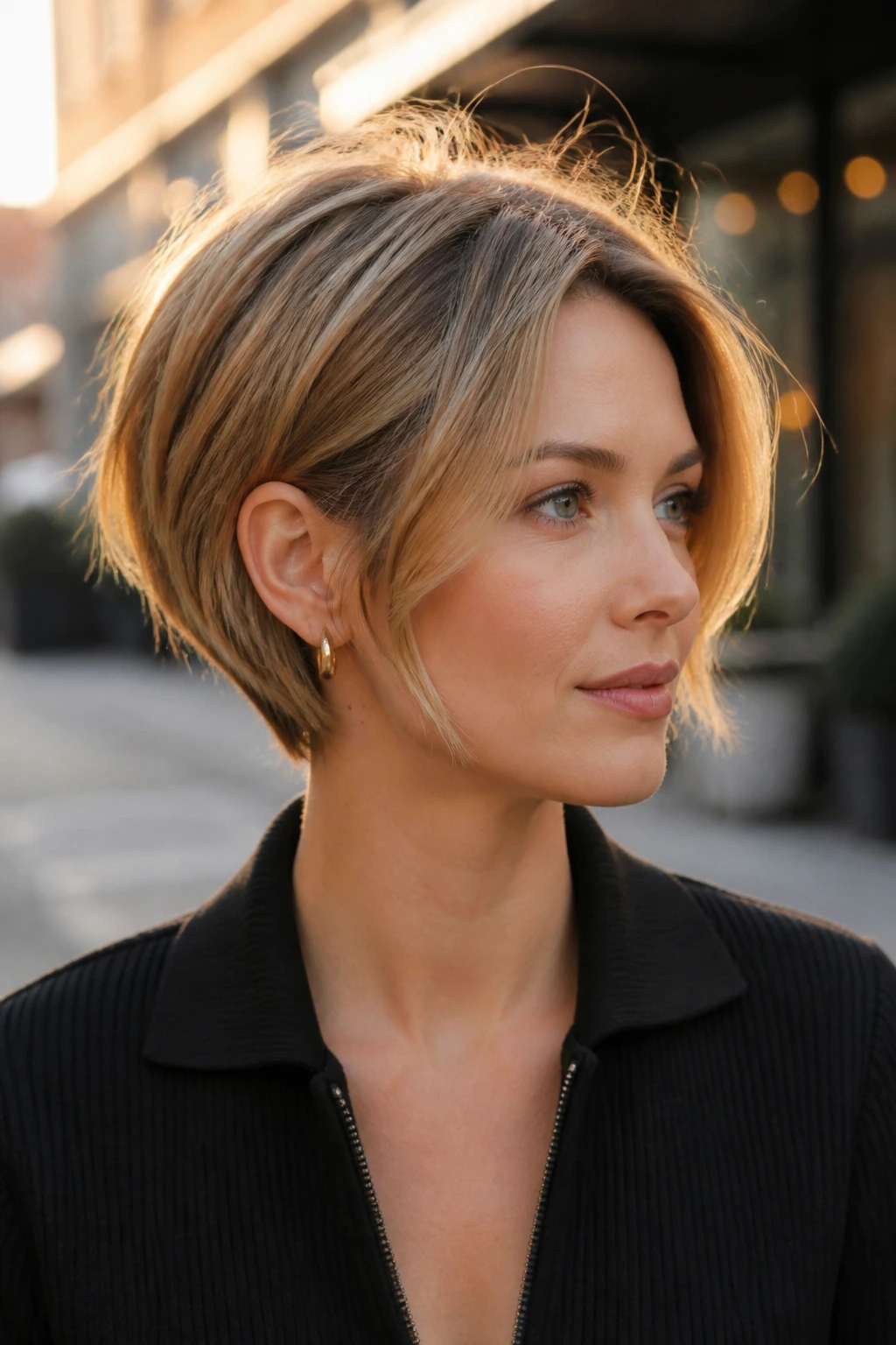 Close-up portrait of a real woman with bixie-bob hybrid hairstyle in outdoor golden hour light