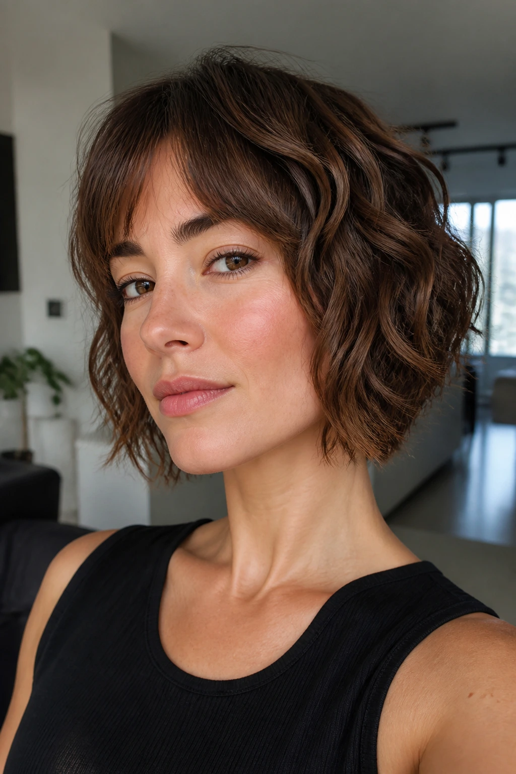 Portrait of a woman with bixie-bob hybrid and waves