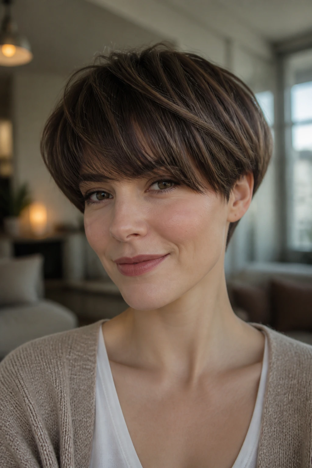 Portrait of a person with a Bixie Bowl variation showing lift at the crown