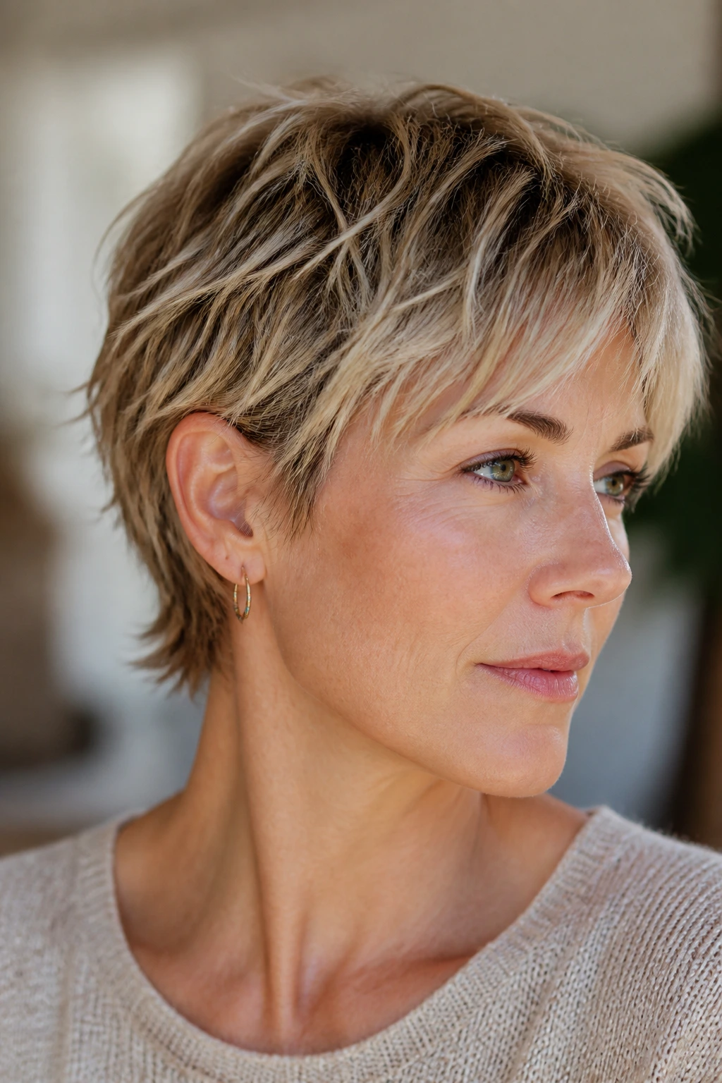 Real woman with bixie cut showing broken-up ends and texture