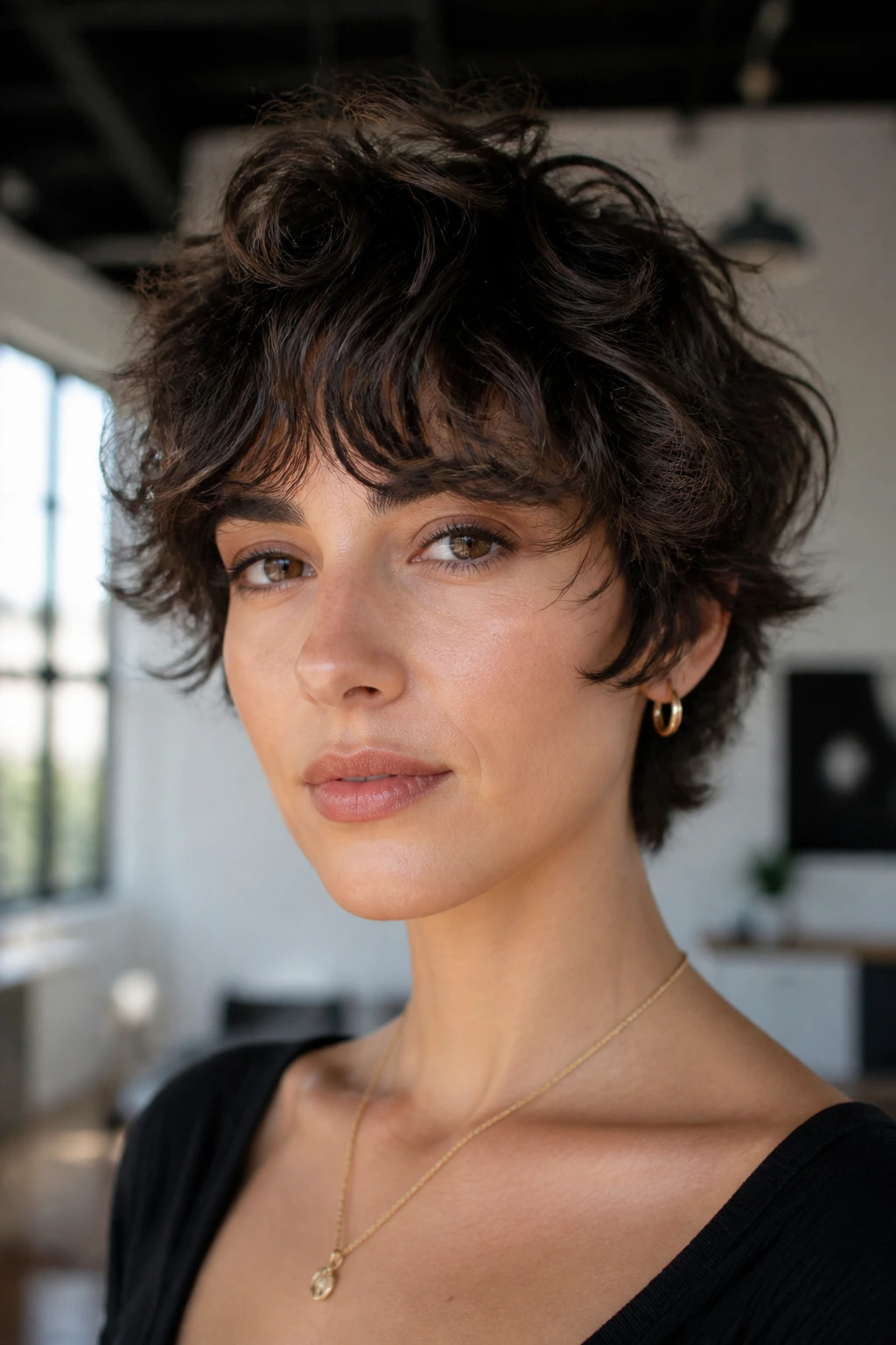 Close-up portrait of a real person with a bixie crop and curtain bangs.