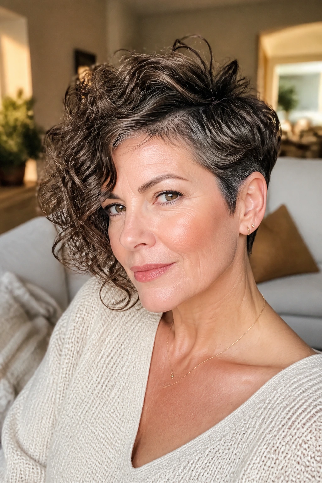 Real woman with asymmetrical bixie and soft crown lift