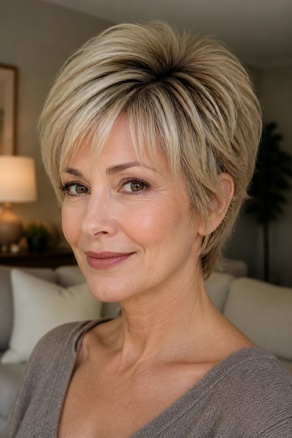 Close-up portrait of a woman with a bixie and crown lift