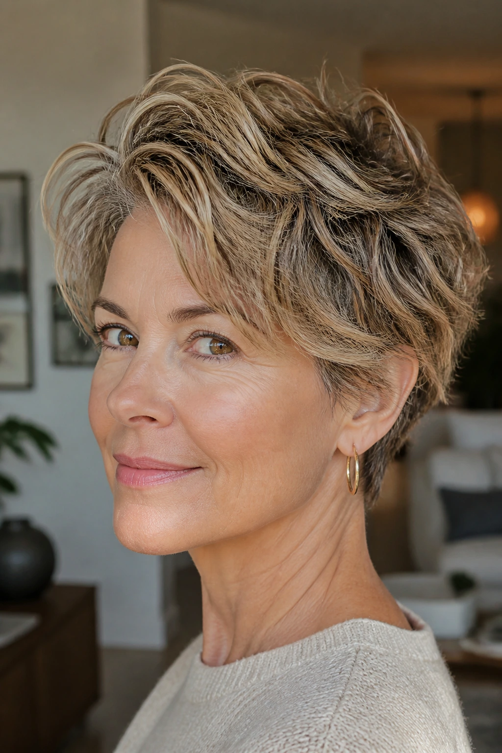 Close-up portrait of a real woman with a bixie haircut and lifted crown for volume.