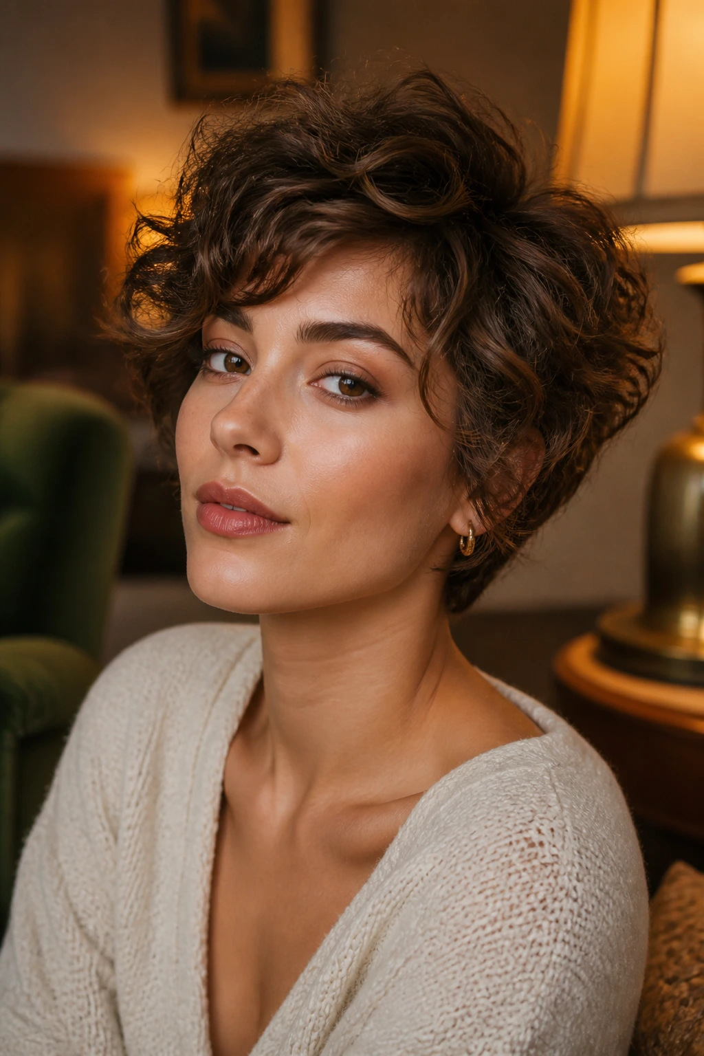Real woman with short bixie curls and lifted crown in a cozy retro living room.