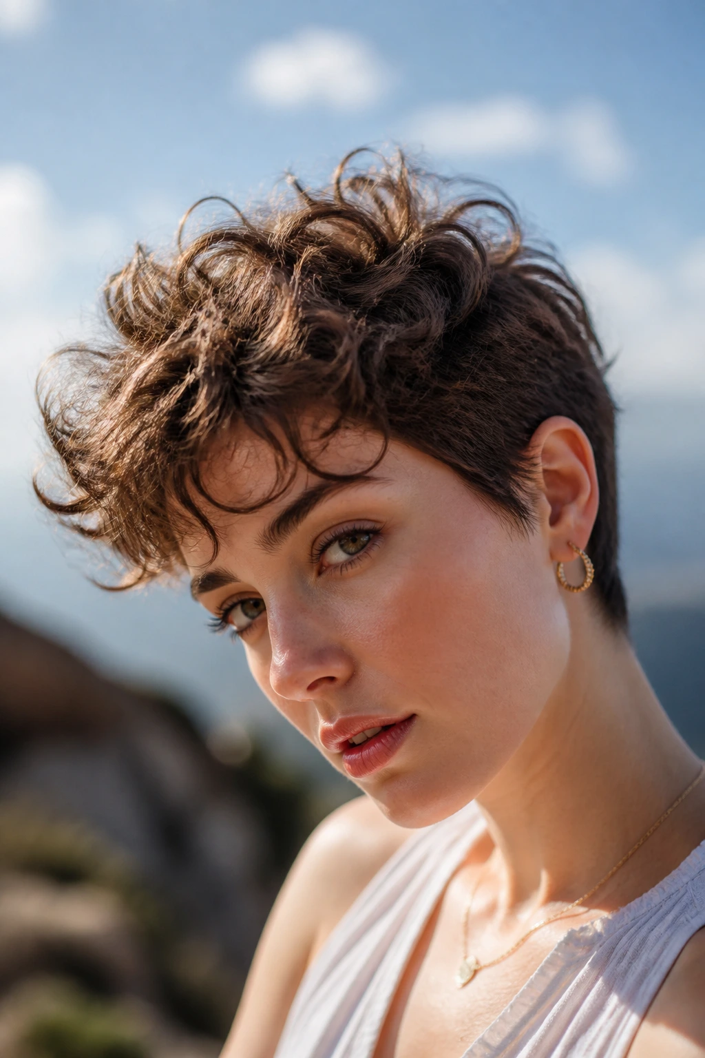 Close-up of a person with a bixie haircut showing curly crown in bright daylight