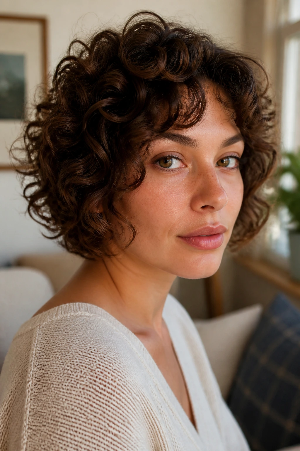 Close-up of a real woman with a bixie for curly hair, cheek-length movement and crown lift.