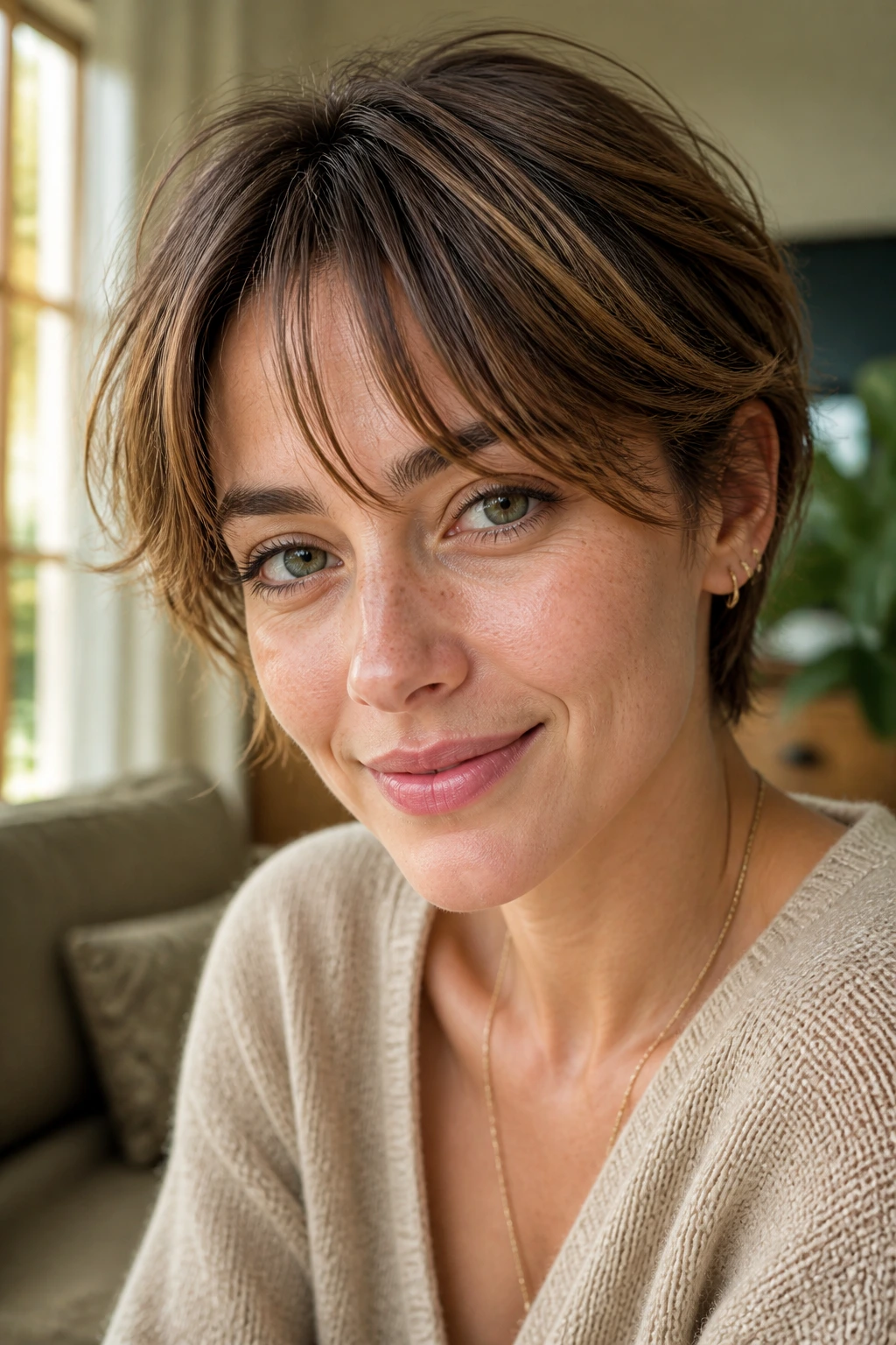 Close-up of a real woman with a bixie cut and wispy curtain bangs in warm window light.