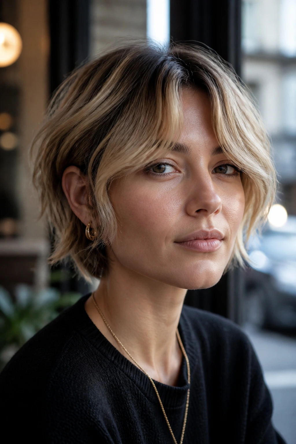 Portrait of a real woman with bixie haircut and curtain fringe
