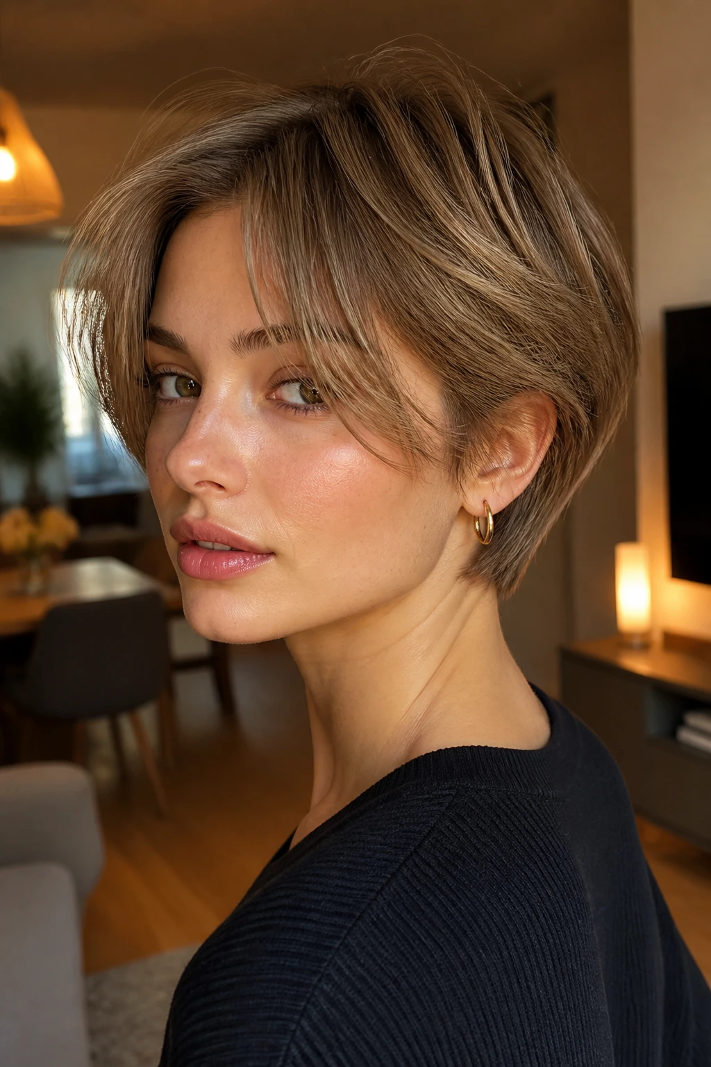 Portrait of a girl with a bixie cut in a warm living room setting.