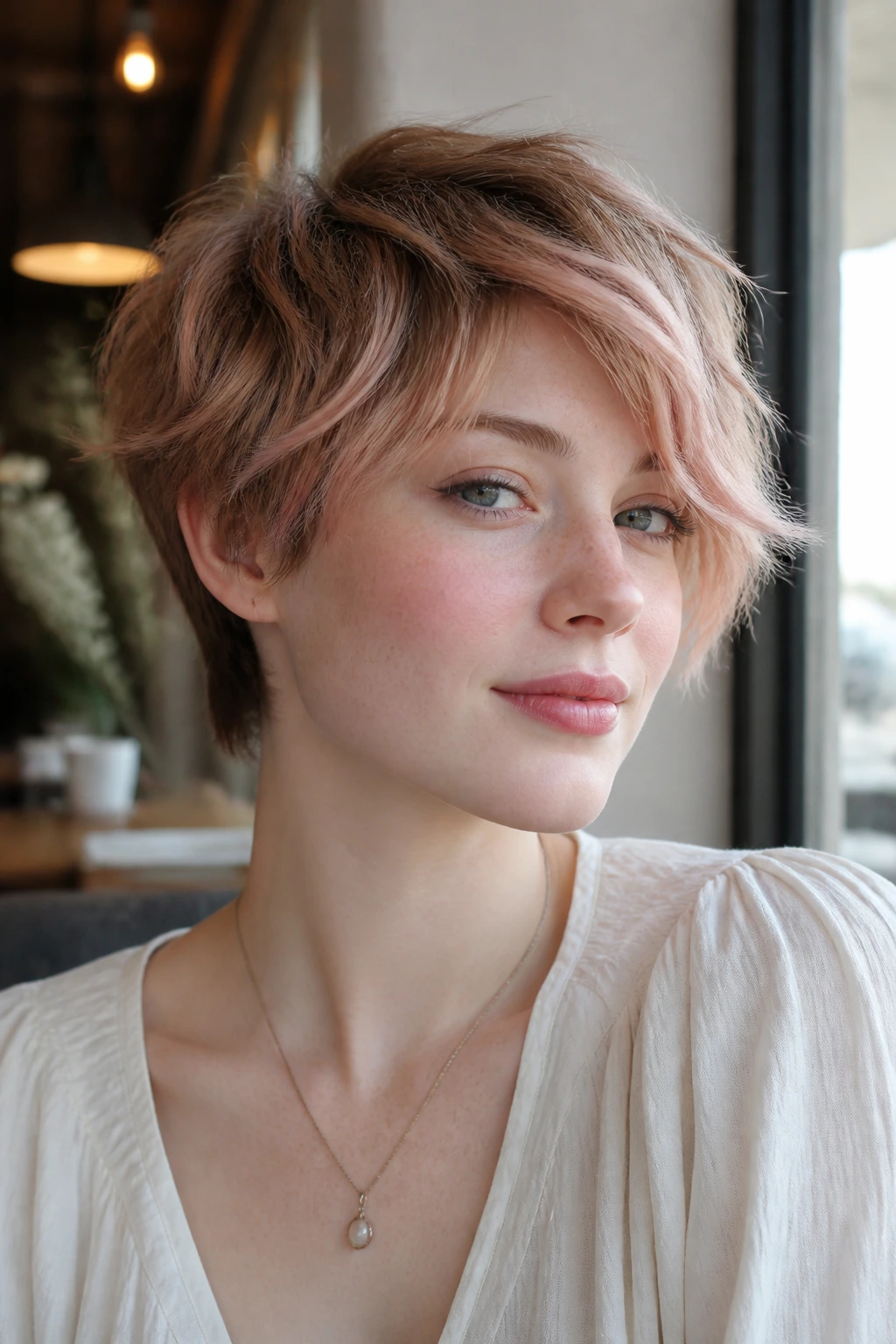 Close-up portrait of a real person with bixie cut blush blonde tips on pale skin