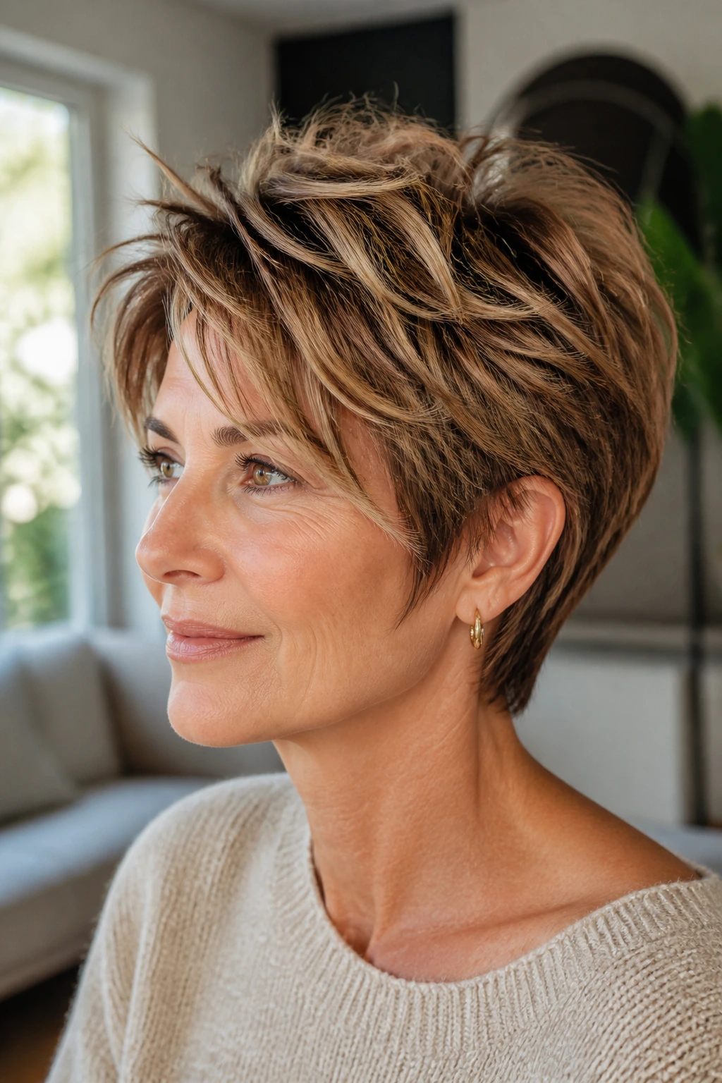 Portrait of a real woman with a bixie cut featuring longer top layers and caramel highlights.