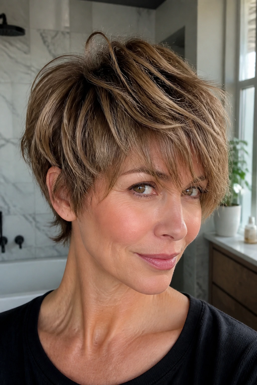 Real woman with bixie cut and caramel piecey texture.
