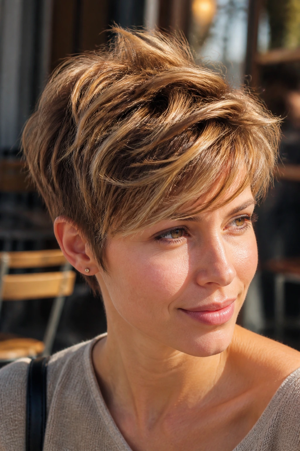 Real woman with bixie cut and caramel texture, close-up portrait.