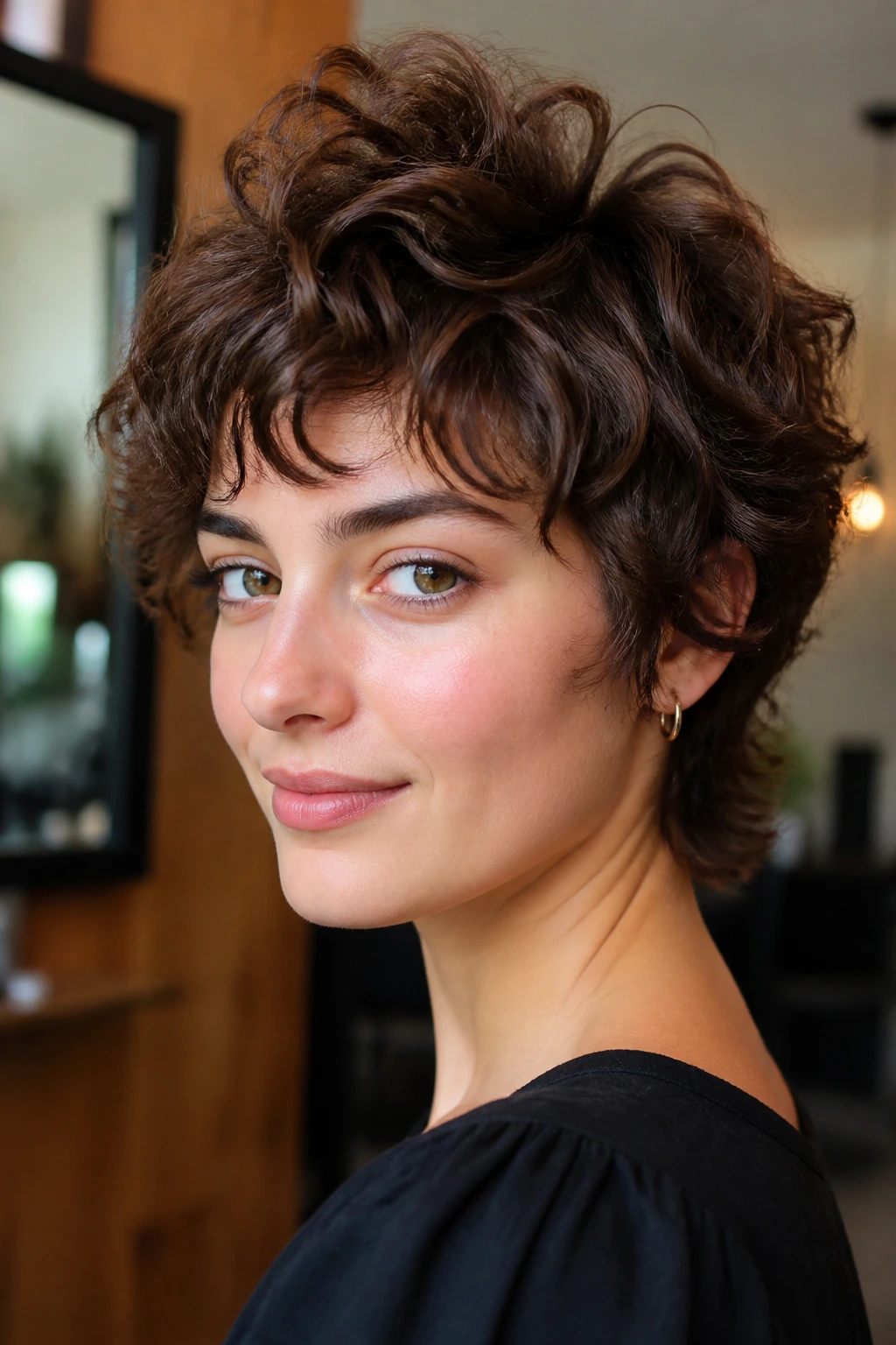 Close-up portrait of a real woman with bixie cut and extra crown curl, highlighting lifted top and face-framing shape
