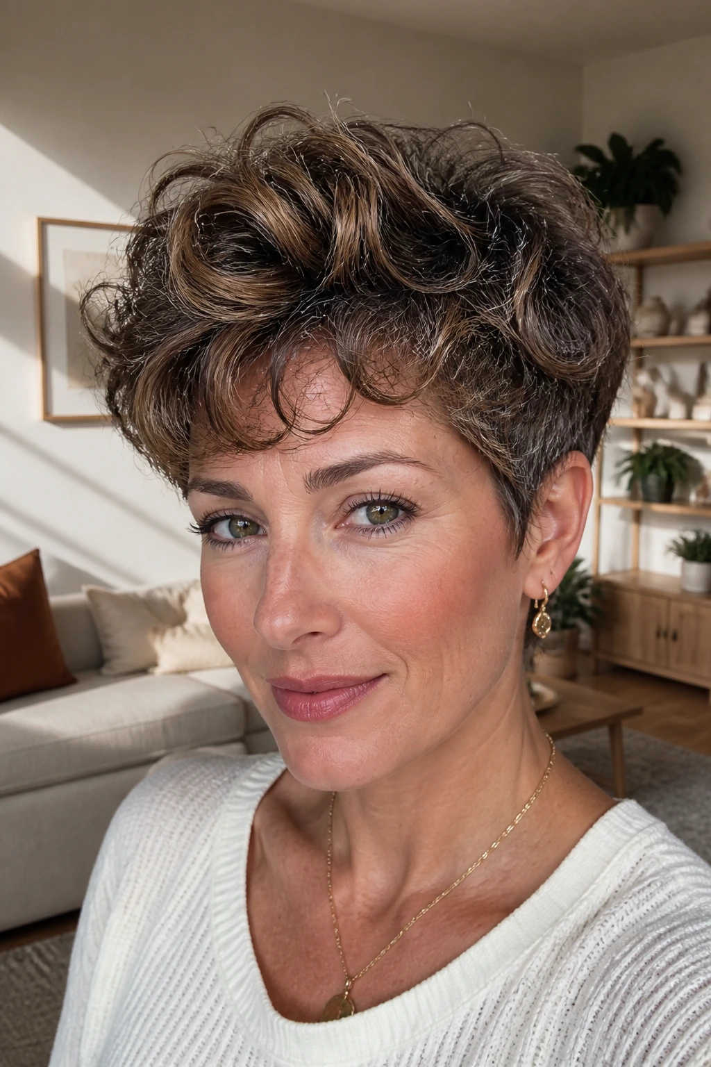 Close-up portrait of a real woman with a bixie cut featuring crown lift.