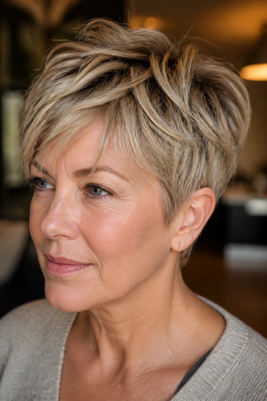 Close-up portrait of a real woman with bixie cut and textured crown