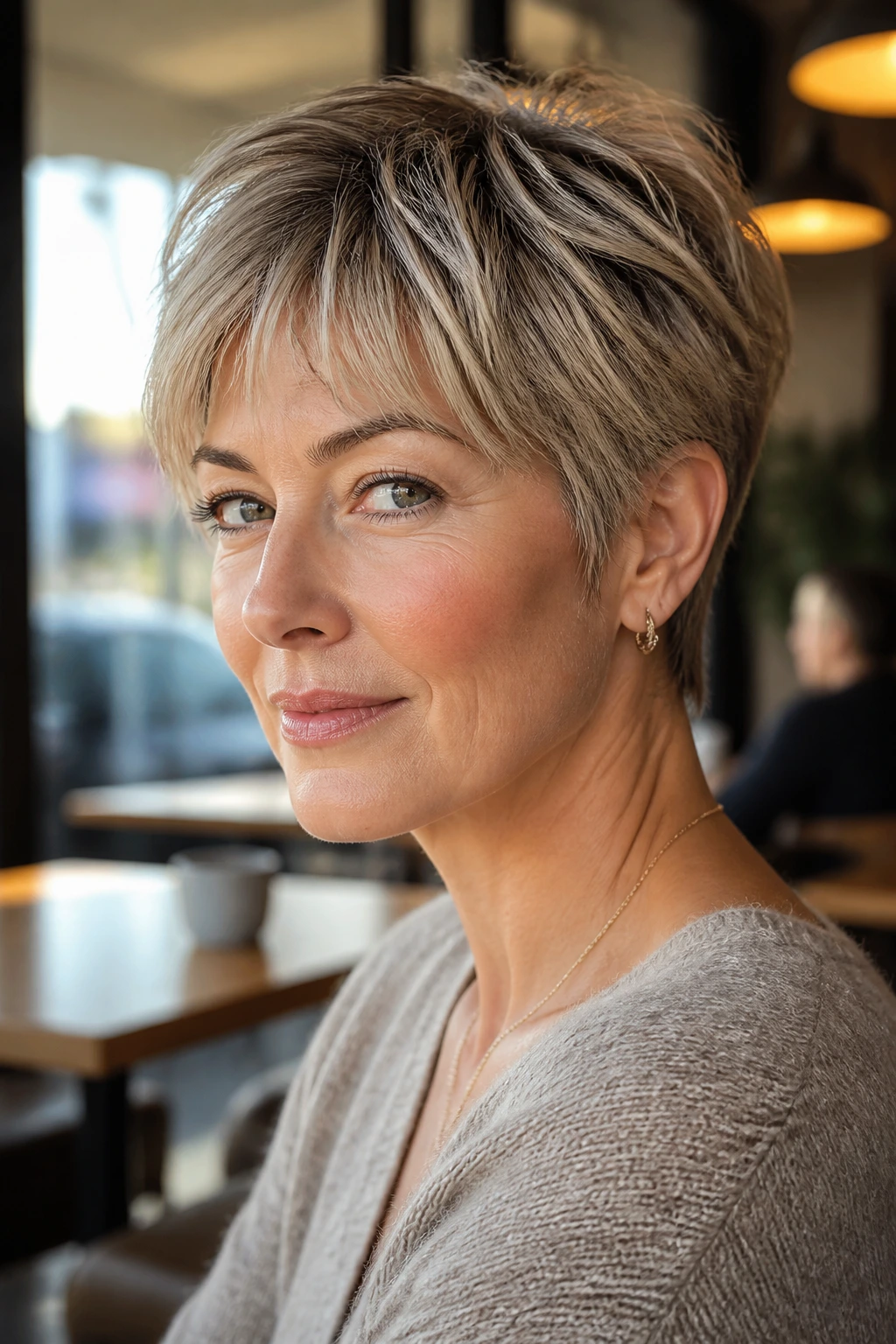Close-up portrait of a real woman with a bixie haircut under natural daylight
