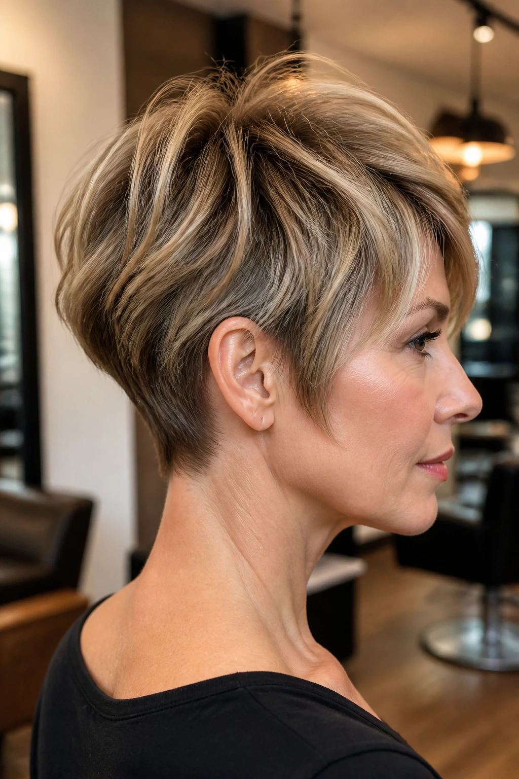 Real woman with bixie haircut showing tapered neckline