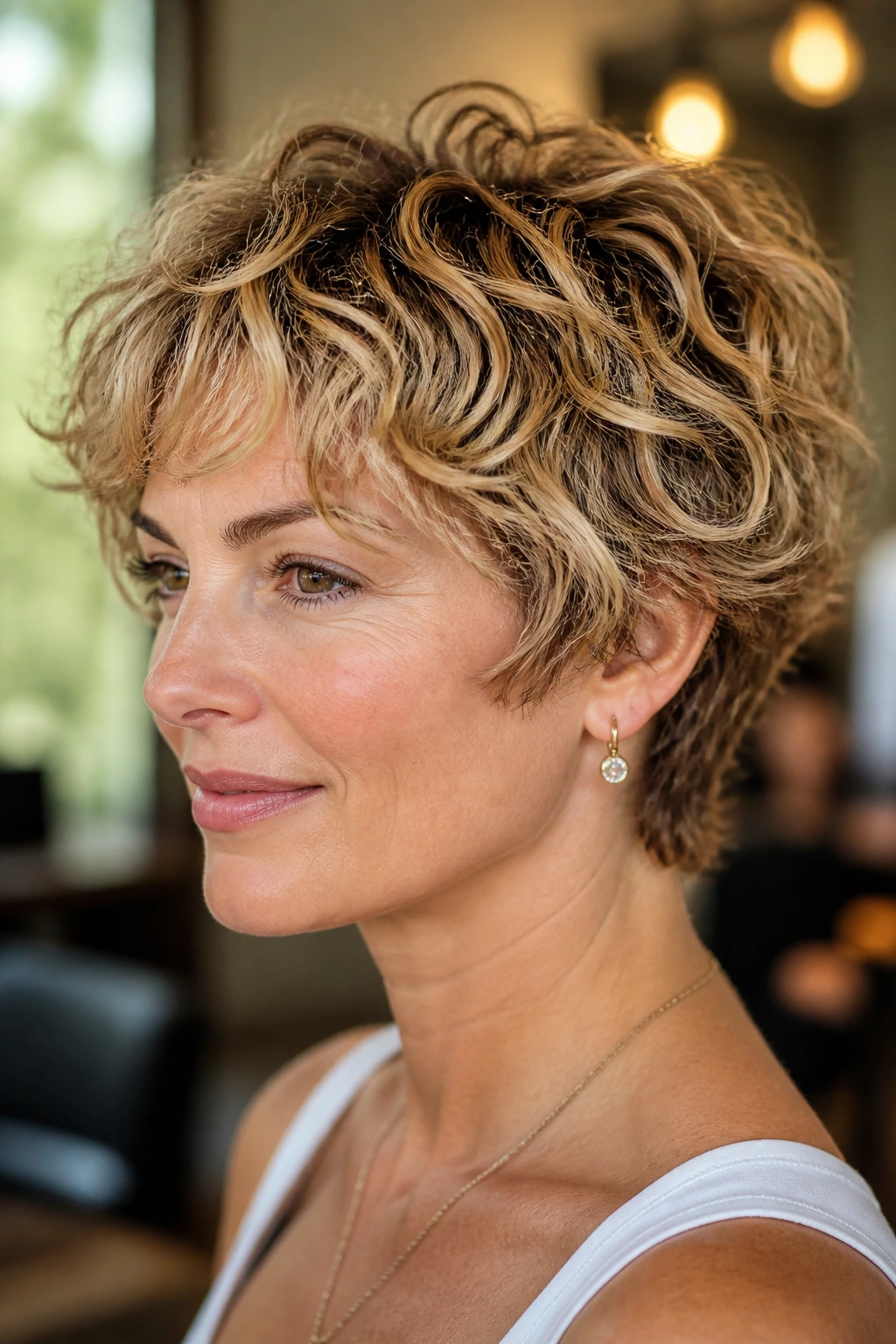 Close-up of a real person with a bixie cut and honey blonde halo in a warm salon.