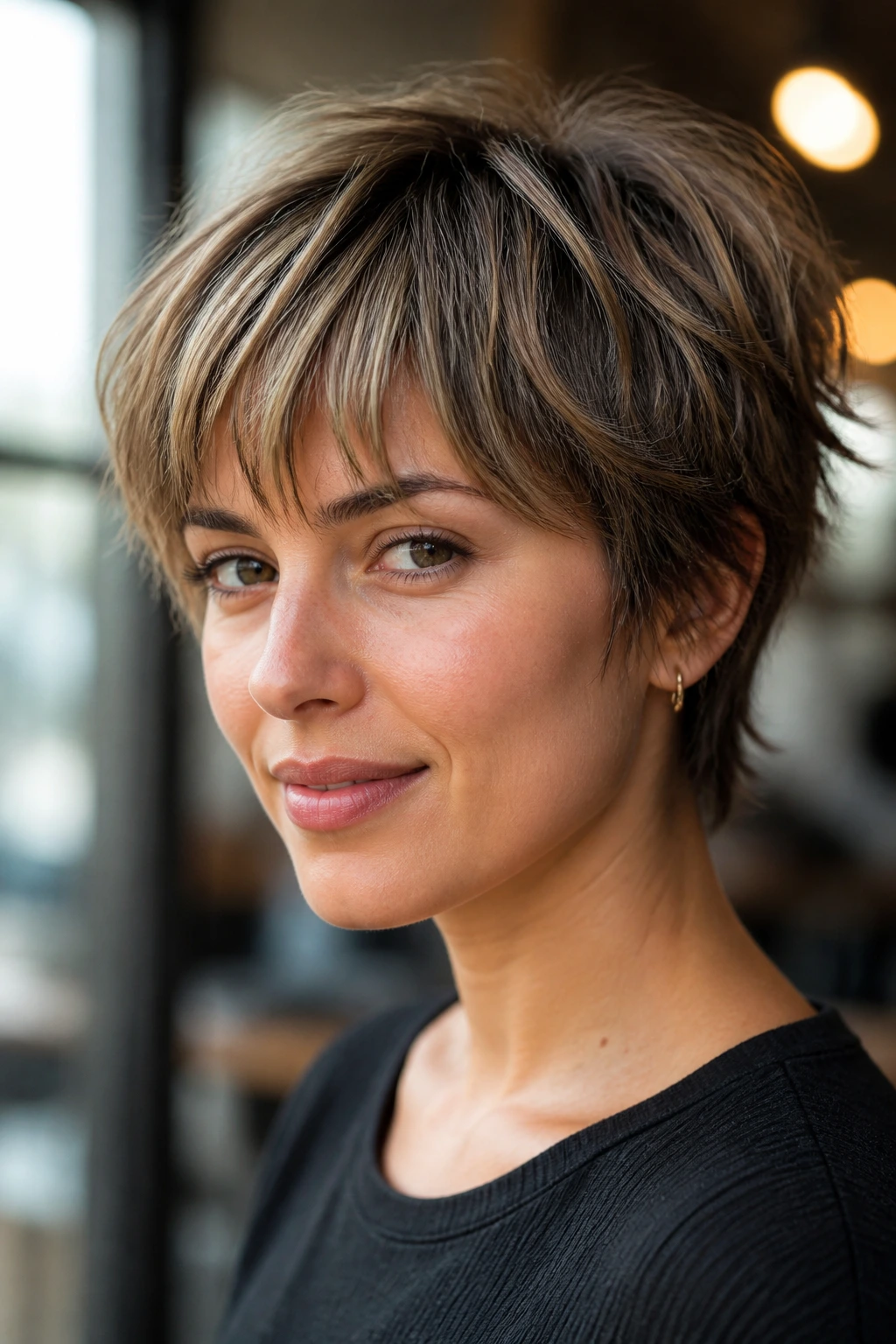 Portrait of real person with bixie cut and piecey bangs