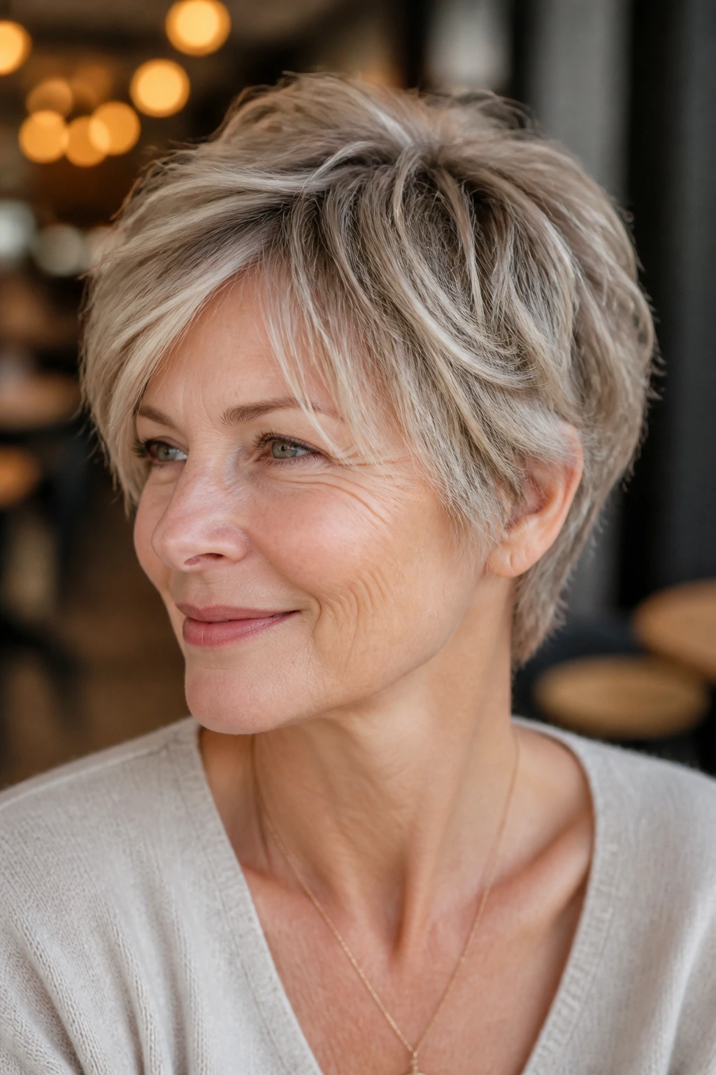 Portrait of a real woman with a bixie cut and piecey texture.