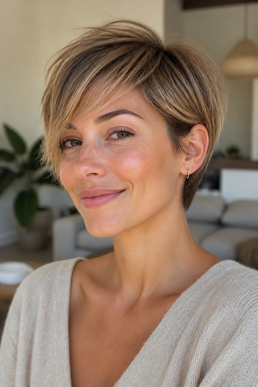 Close-up portrait of a real woman with a bixie cut in natural light