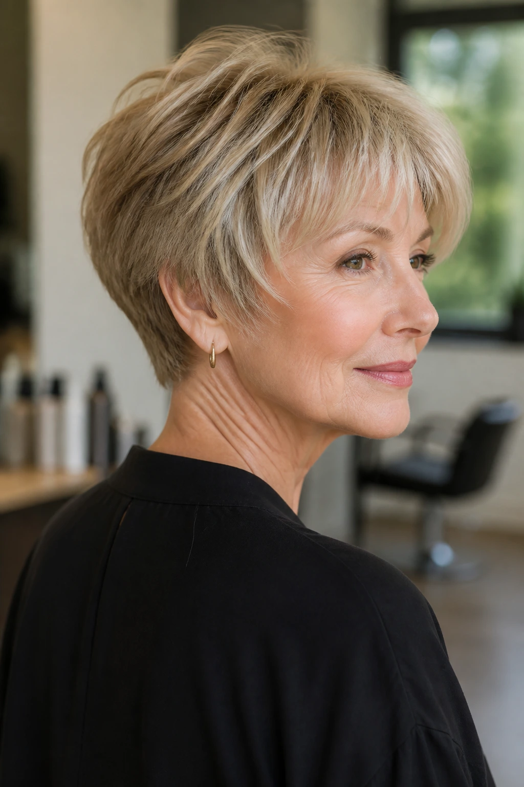 Close-up of a real woman with a soft bixie cut in a modern salon daylight