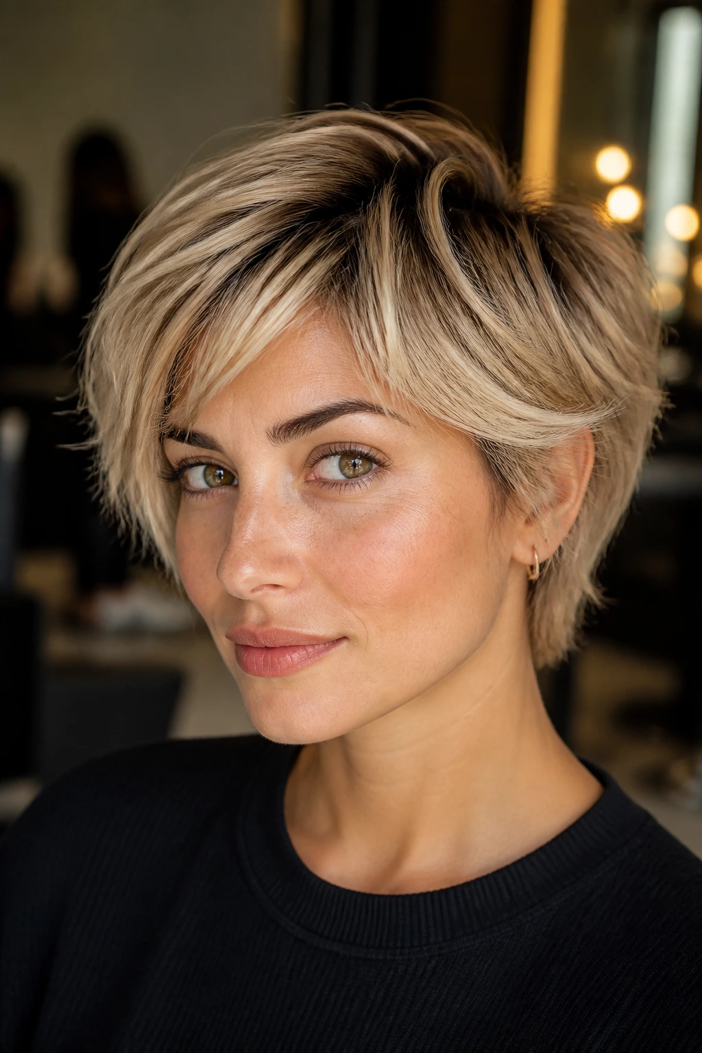 Portrait of a real woman with bixie cut and soft root shadow on olive skin