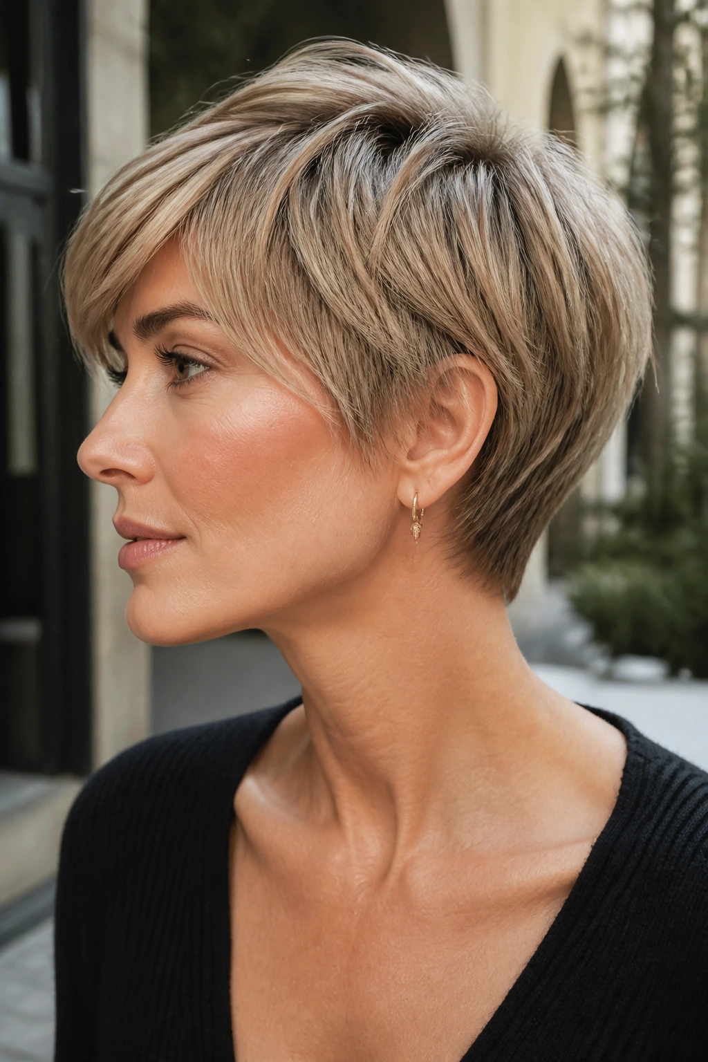 Real woman wearing a bixie cut with crown lift and tidy perimeter