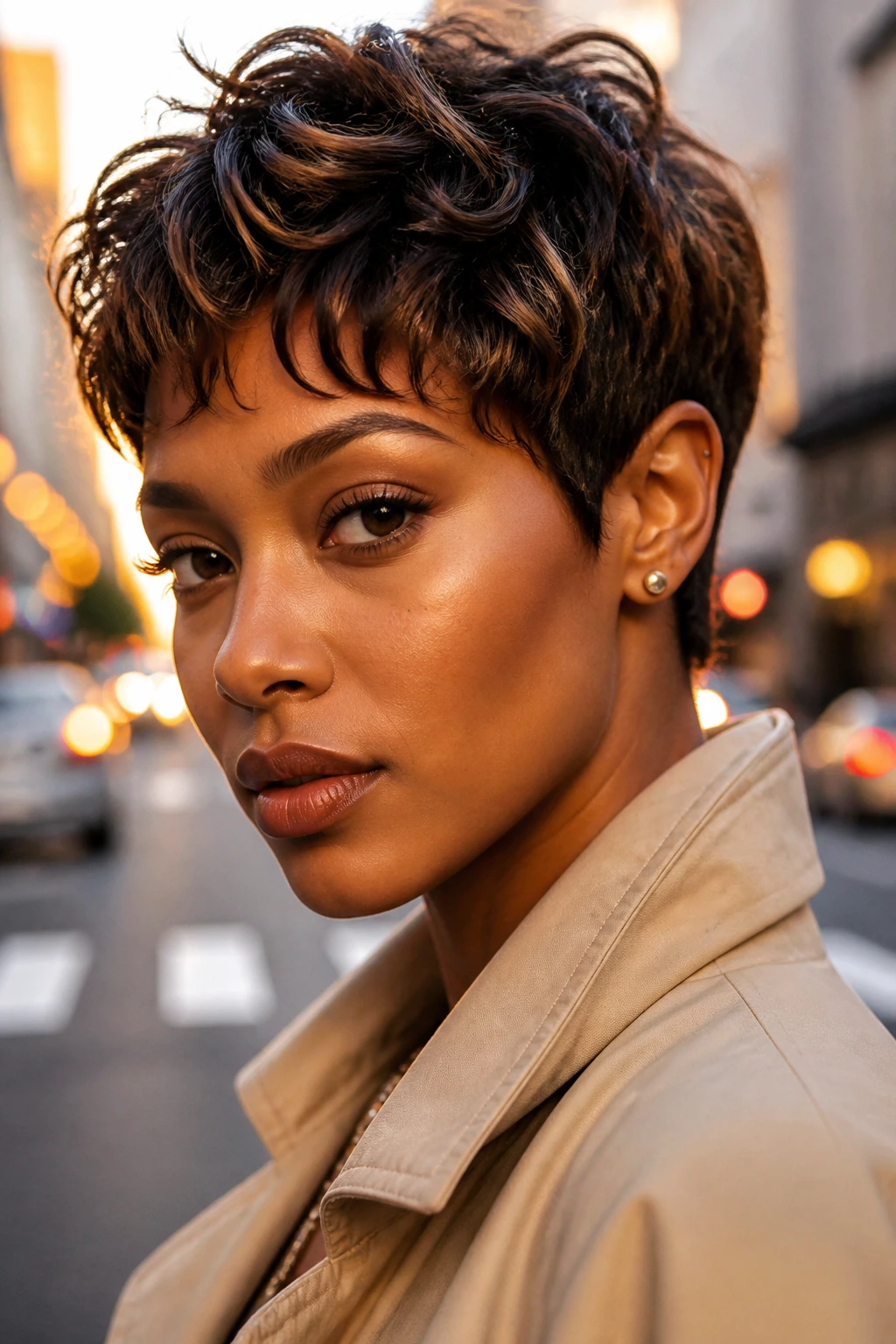 Portrait of a real Black woman with bixie haircut showing short sides and longer crown.