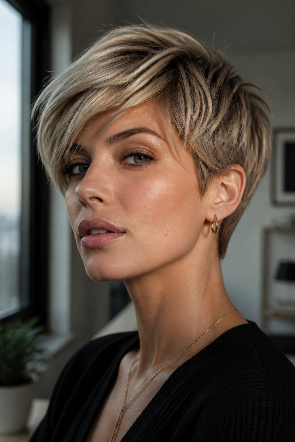 Portrait of woman with bixie haircut showing strong silhouette