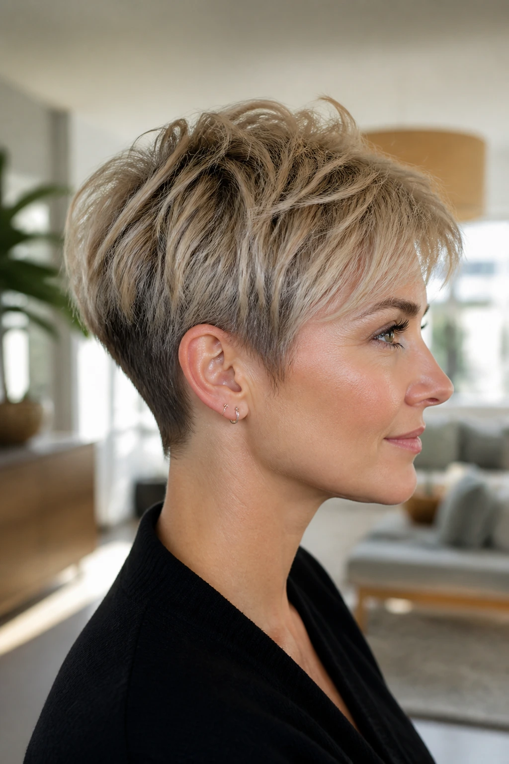 Portrait of a real woman with bixie cut and tapered nape