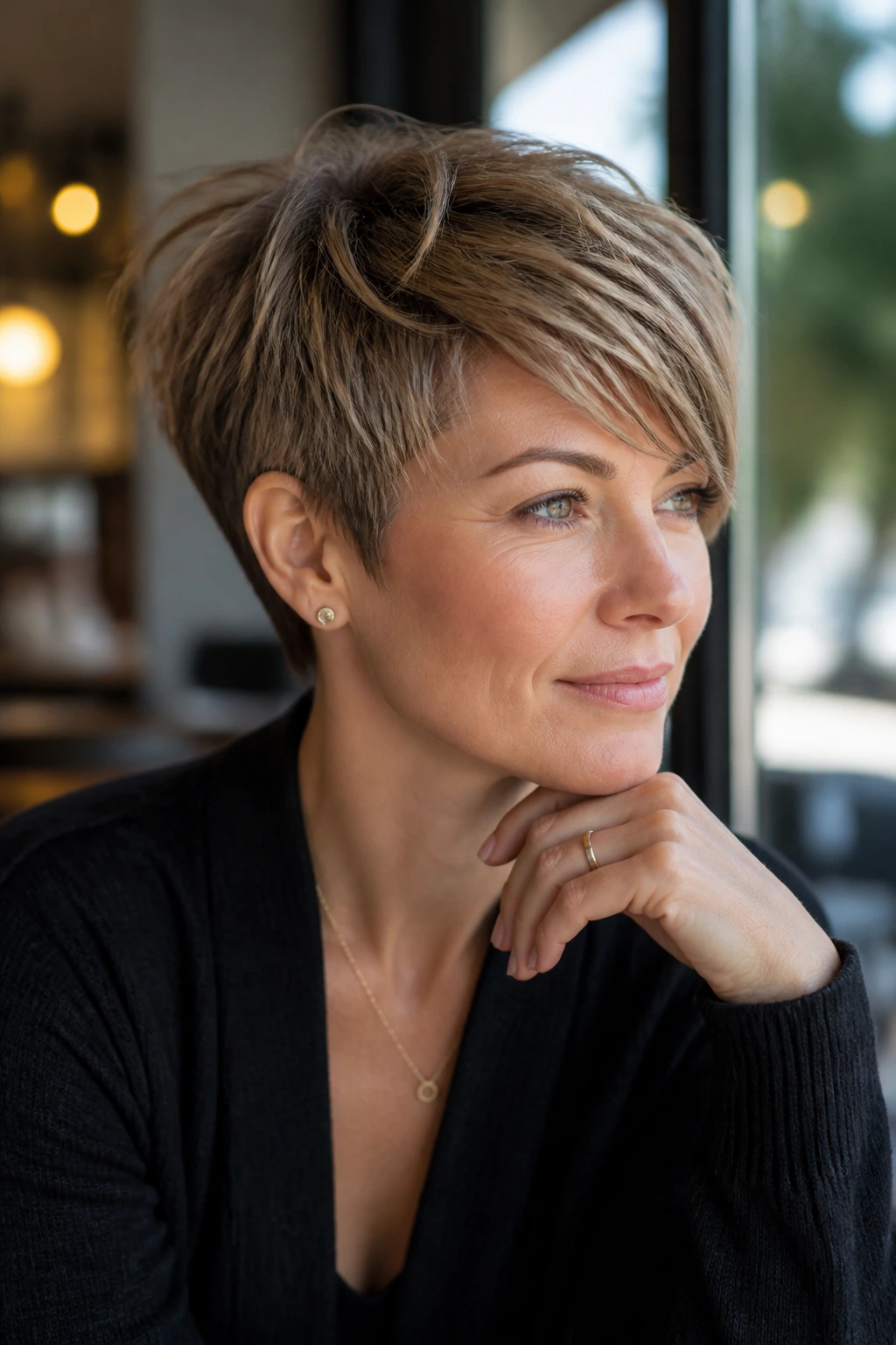 Close-up of real woman with bixie cut featuring tapered sides and longer top layers.