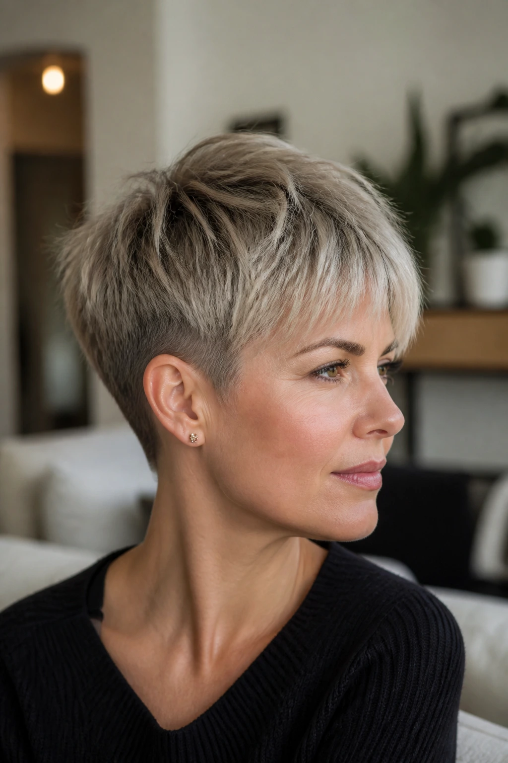 Portrait of a person with bixie cut featuring tapered sides.