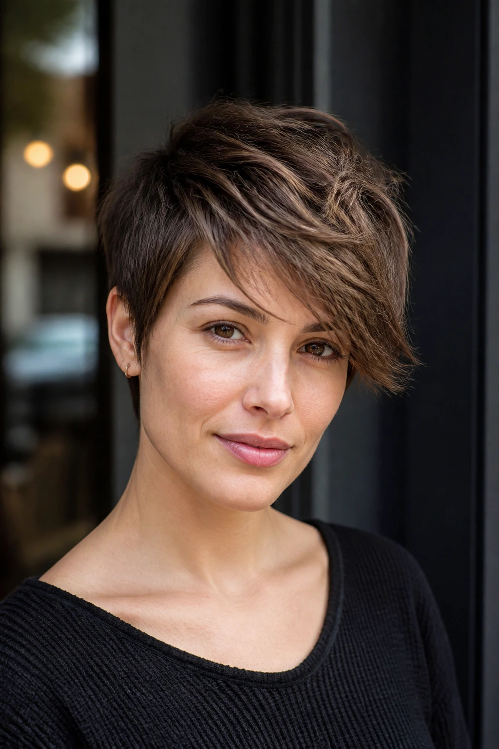 Close-up of a real woman with Bixie Cut With Side-Swept Texture
