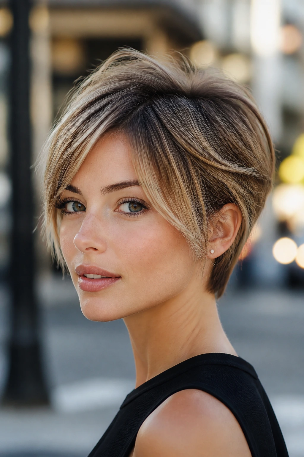 Portrait of a woman with a bixie cut in urban daylight