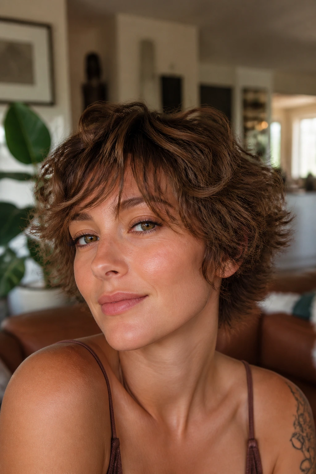 Portrait of a person with bixie haircut and feathered fringe framing the face