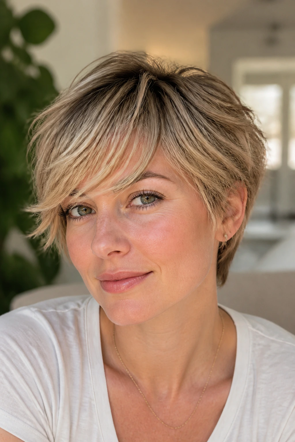 Portrait of a woman with a bixie cut and feathered fringe in a bright room