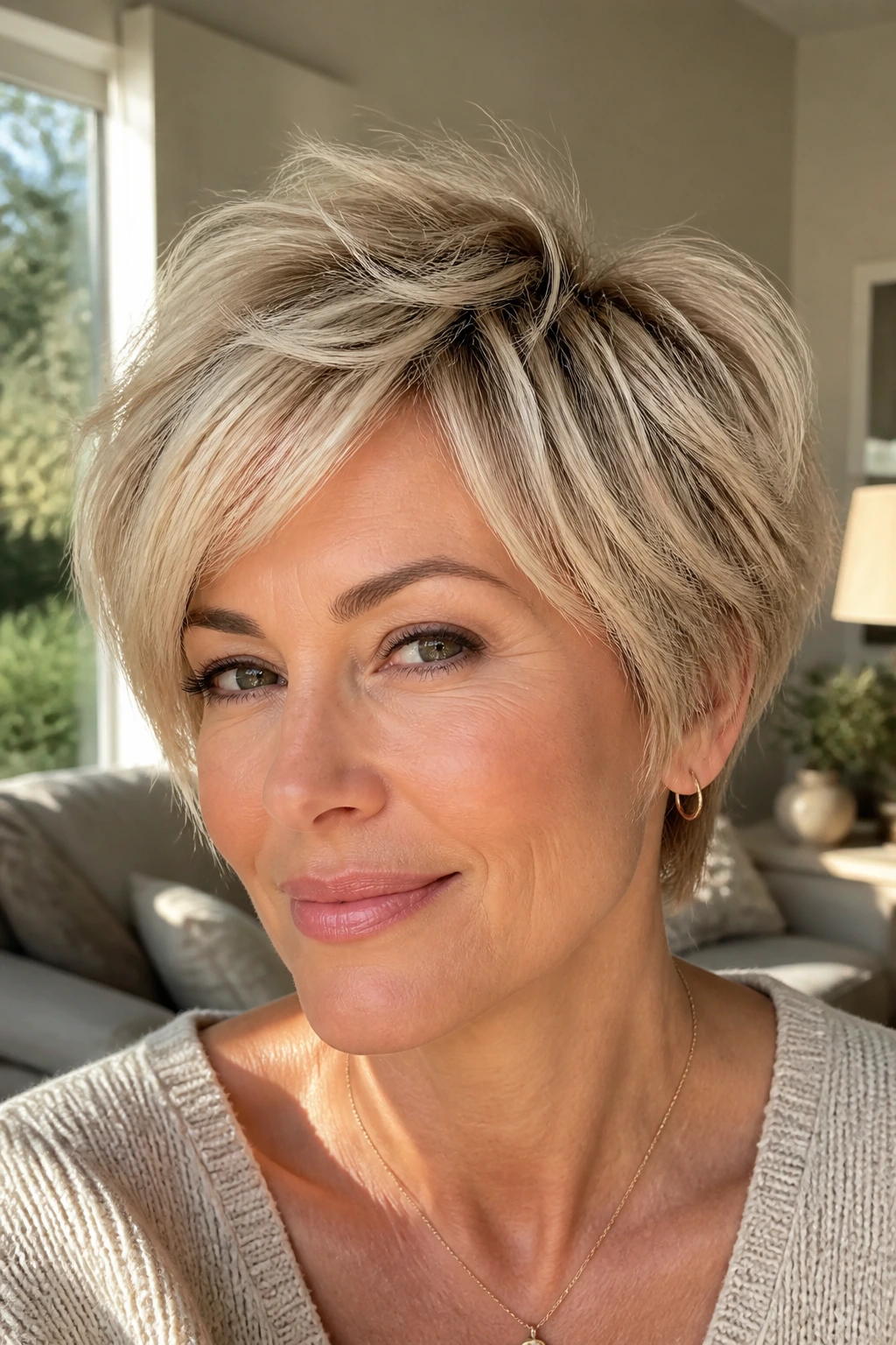 Close-up portrait of a real woman with a bixie cut and feathered crown lift in beige blonde