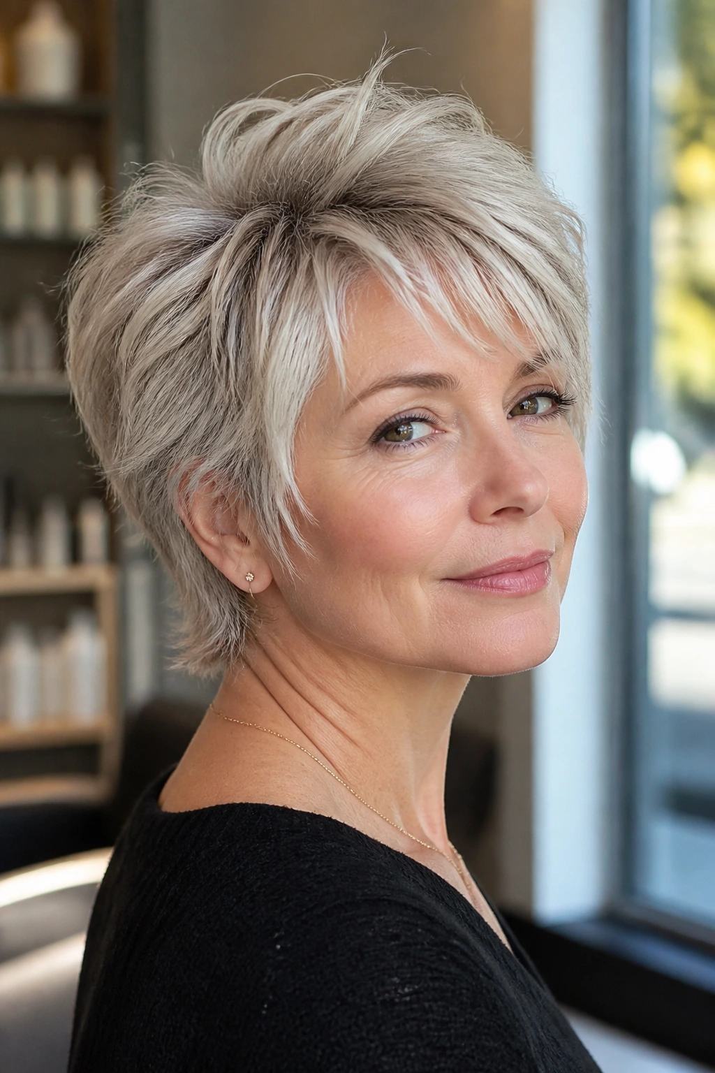 Close-up of a real woman with a feathered bixie and crown lift in soft salon light