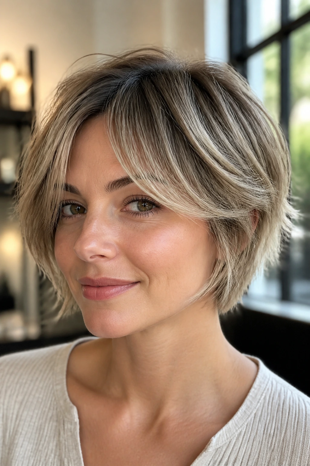 Close-up of a person with a rooty beige bixie and feathered ends in warm light
