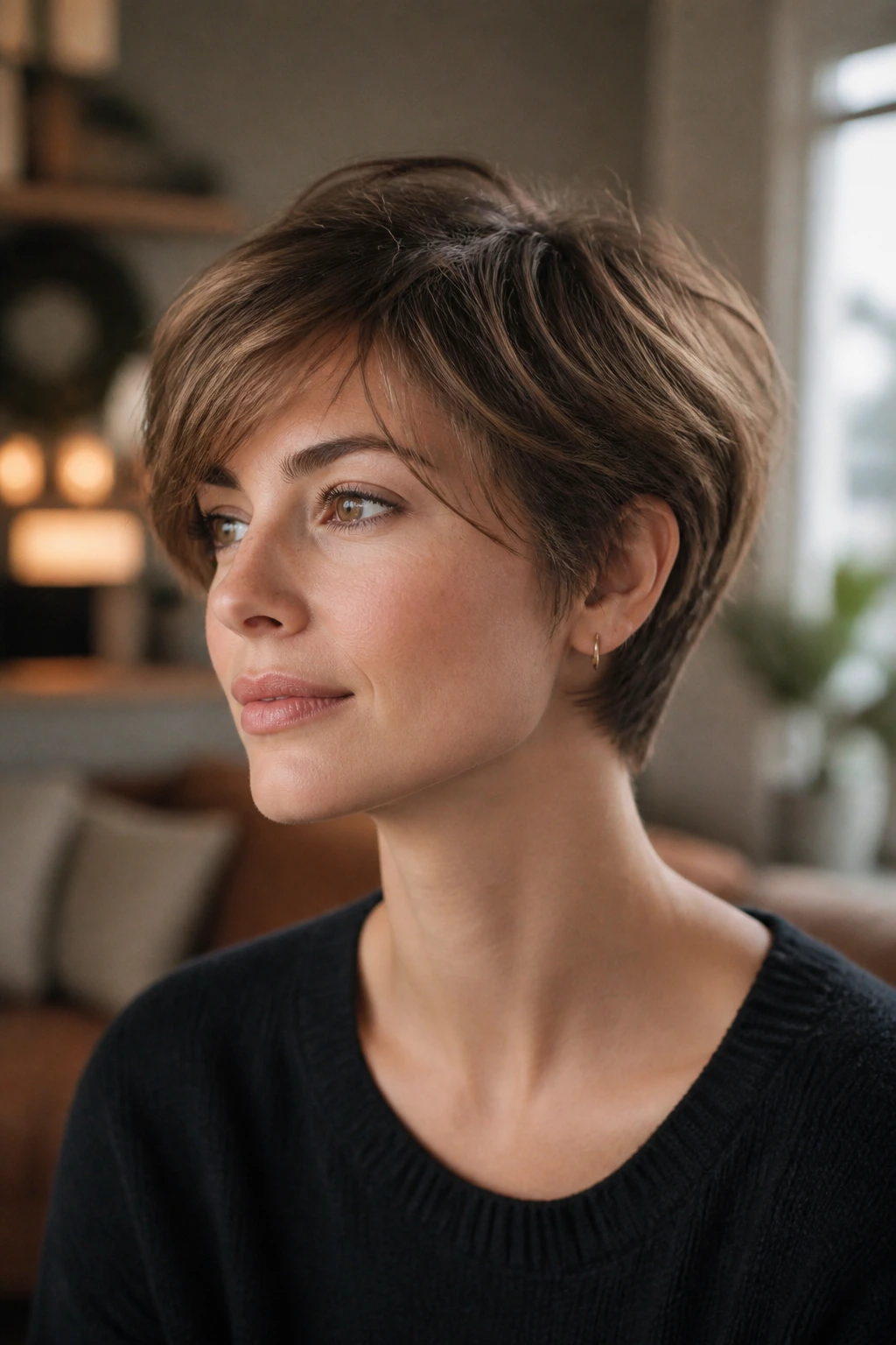 Portrait of woman with bixie haircut and feathered layers.