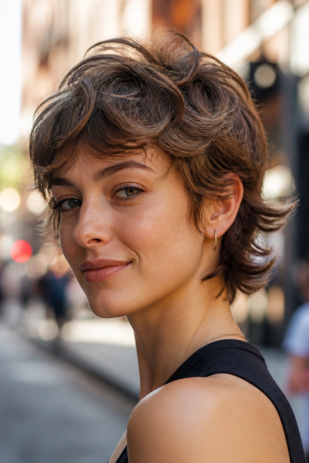 Portrait of a real woman with a flipped-out bixie hairstyle