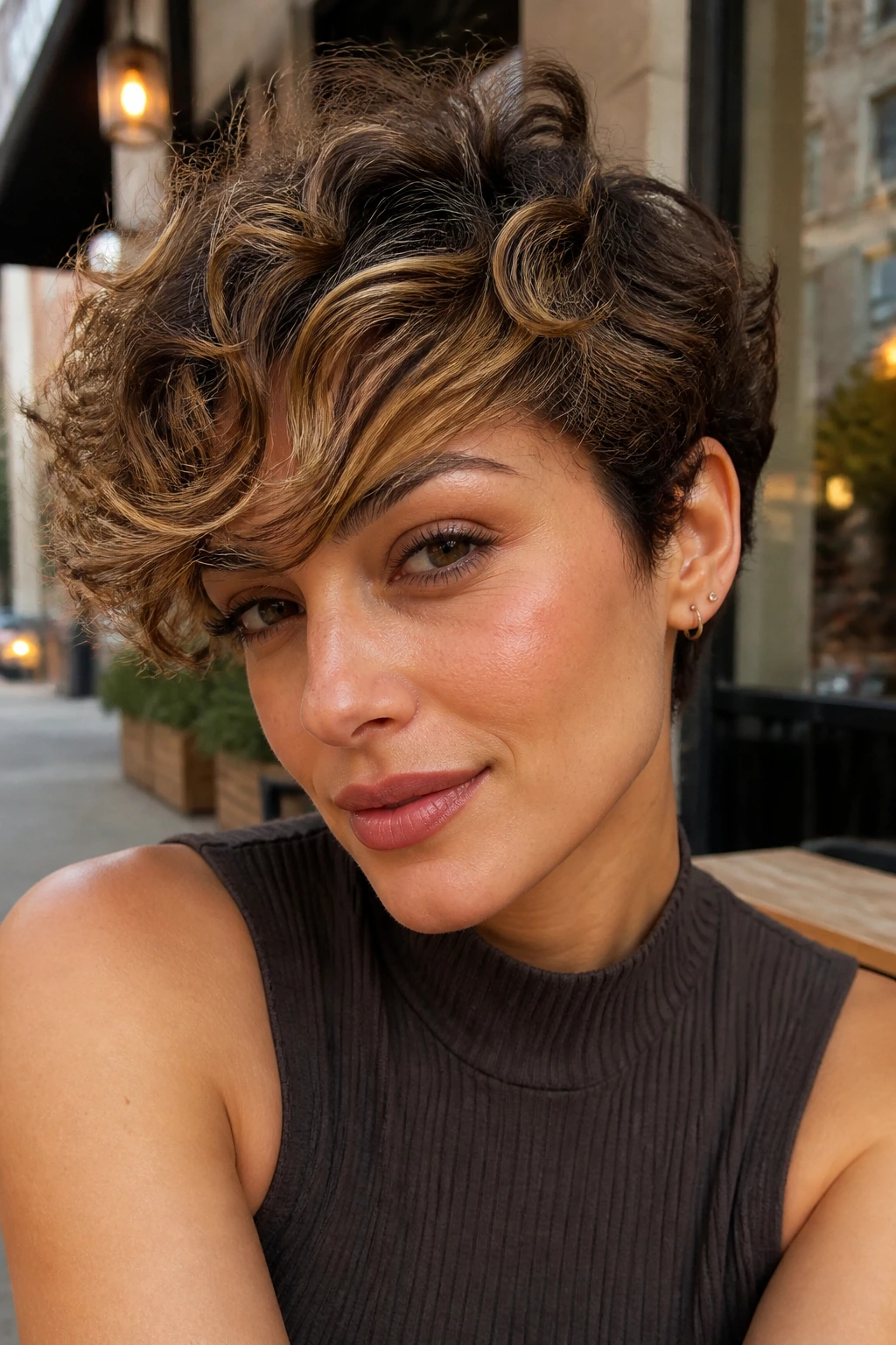 Close-up of a real woman with bixie haircut and swept caramel fringe.
