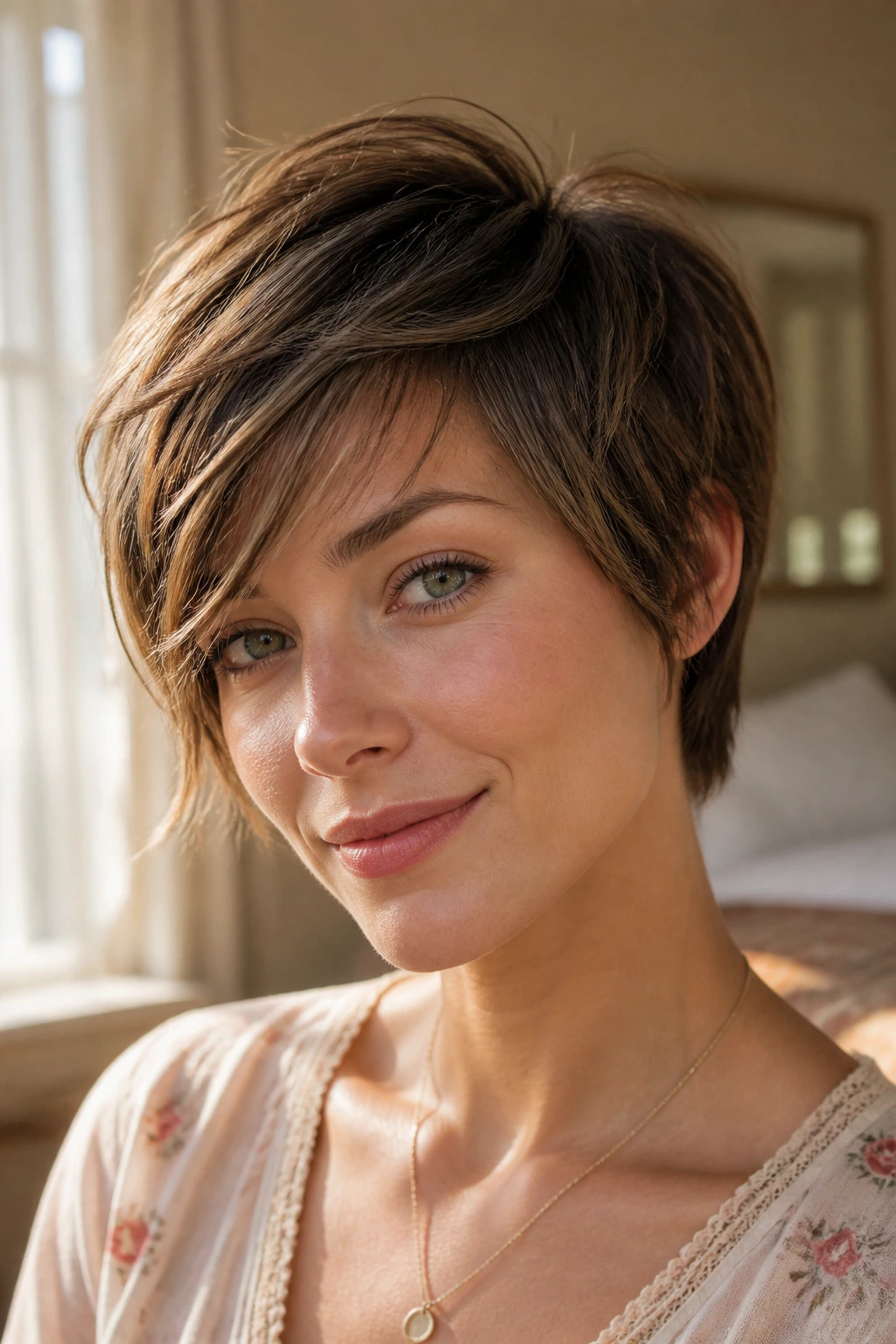 Close-up portrait of a real woman with a bixie haircut and side-swept fringe in warm window light